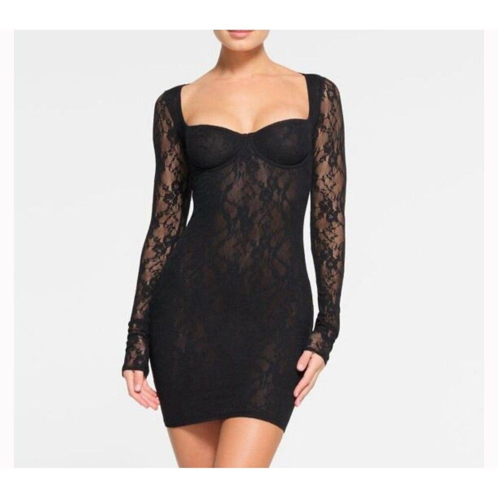 Skims Stretch Lace Underwire Unlined Dress Onyx Medium